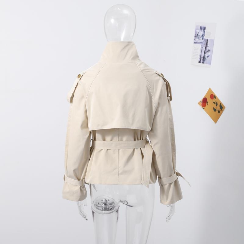 Короткий тренч на шнуровке со стойкой воротником, женский, с длинным рукавом, двубортный, тонкий приталенный жакет, ветровка для通勤, осенняя верхняя одежда 2025