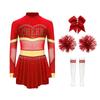 4Pcs Girls Cheer Leader Costume Long Sleeve Diamonds Dance Jumpsuit with Cheerleading Hand Flower Bowknot Hair Ties and Striped Knee High Tube Socks