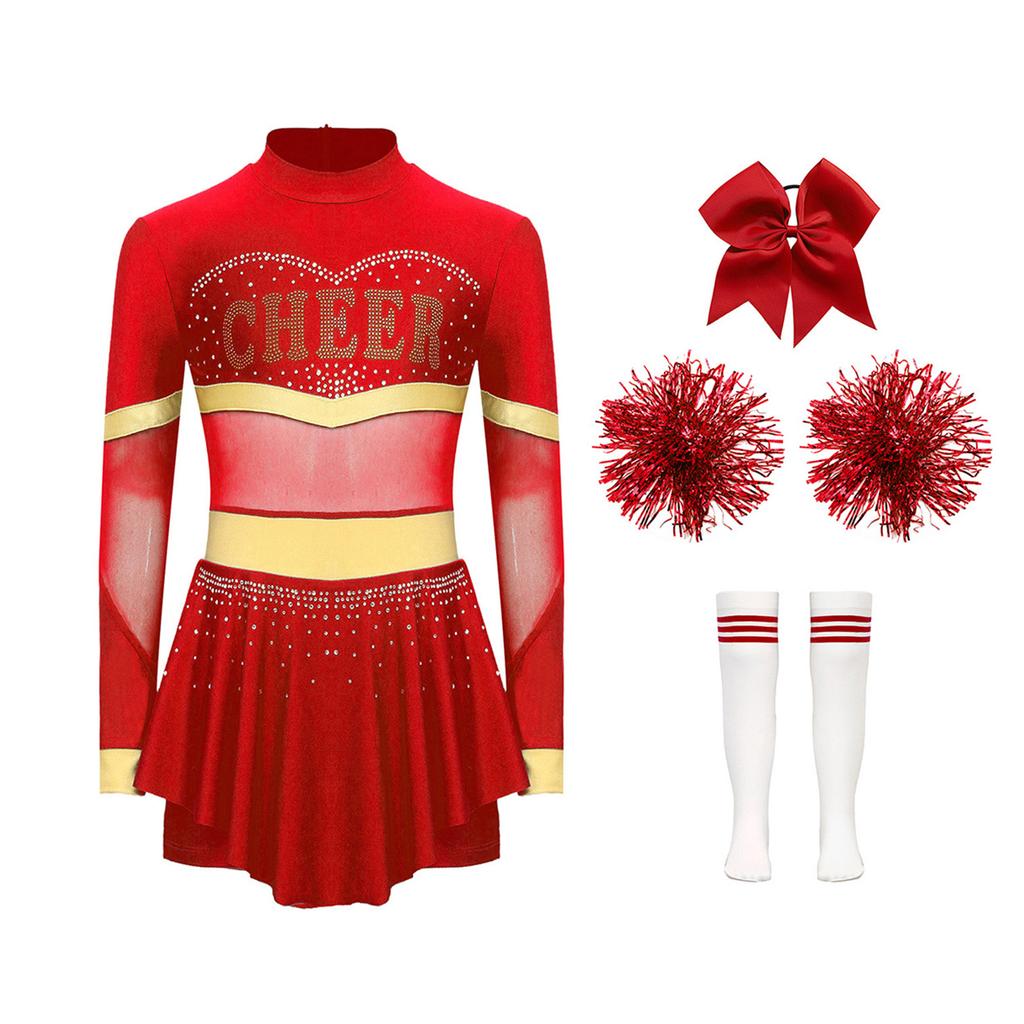 4Pcs Girls Cheer Leader Costume Long Sleeve Diamonds Dance Jumpsuit with Cheerleading Hand Flower Bowknot Hair Ties and Striped Knee High Tube Socks