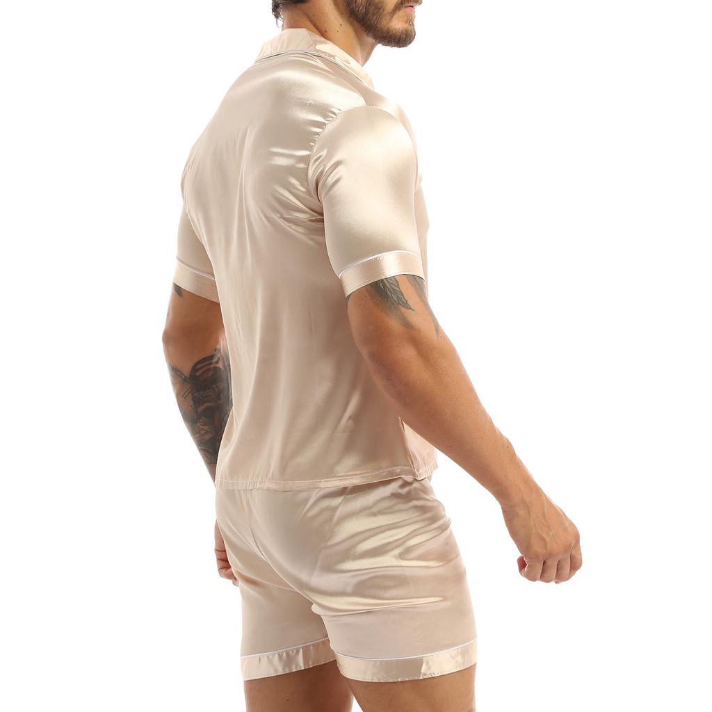 Мужской шелковистый атласный пижамный комплект с короткими рукавами, рубашка на пуговицах, топ с шортами, одежда для сна, одежда для дома