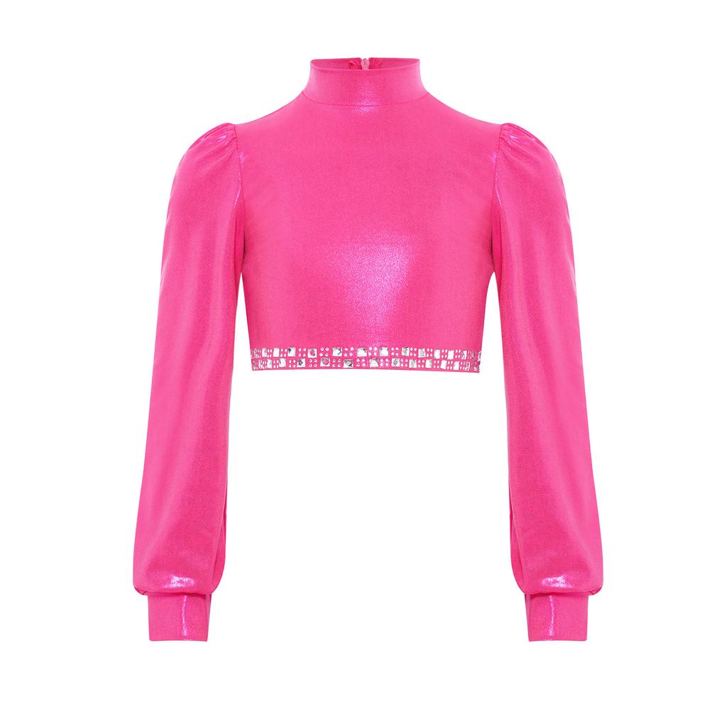 Girls Jazz Dance Top Mock Neck Long Sleeves with Invisible Zipper Back Shiny Rhinestones Metallic Dancewear