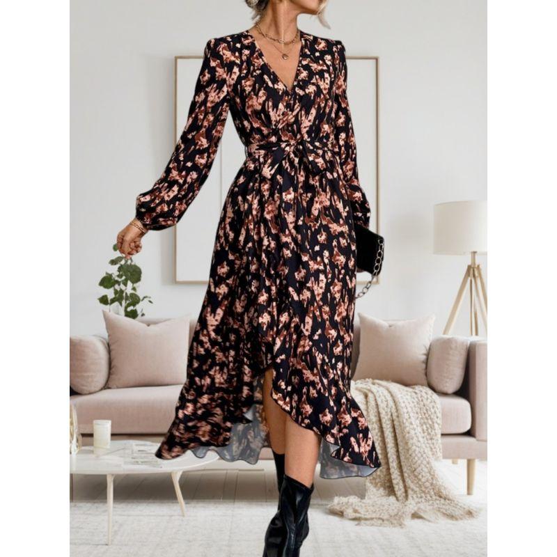 Spring & Fall New Fashion Style Fashion V Neck Print Waist-Controlled Lace-up Asymmetrical Ruffles Long Sleeves Dress Long Dress
