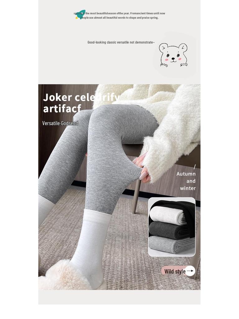 Женские серые хлопковые леггинсы слим-фит - 2025 Новые теплые с плюшевой подкладкой для осени/зимы