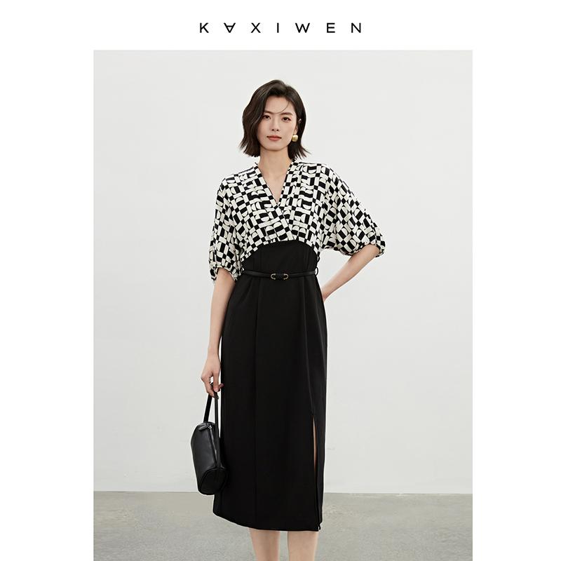 Fashionable patchwork V-neck slim fit dress