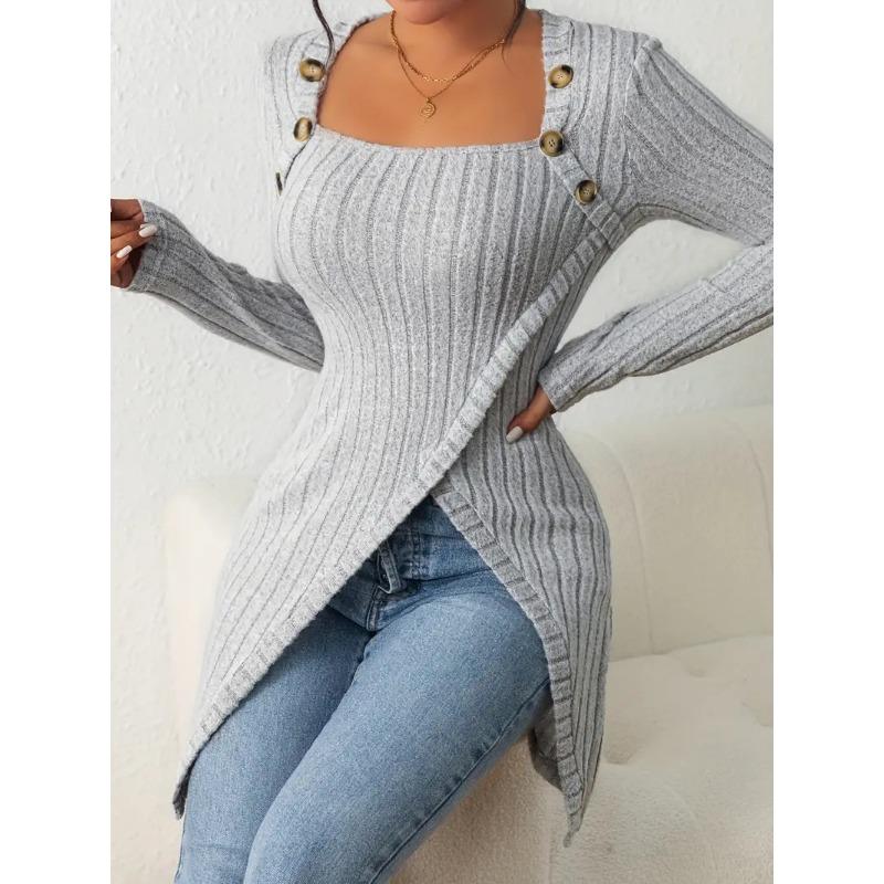 Женские футболки осень-зима мода повседневный топ квадратный воротник длинный рукав неровный подол тонкий футболки