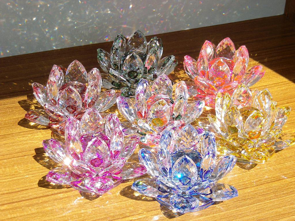 Статуэтка из хрустального стекла, красочный цветок лотоса, интерьерный цветок лотоса, фен-шуй, удача, ловец солнца [KKD] (8см Синий)