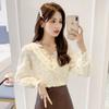 Elegant Sexy Button Lace Feather Solid T-shirt Spring Autumn Long Lantern Sleeve V-Neck Slim Pullover Tops Women's Clothing