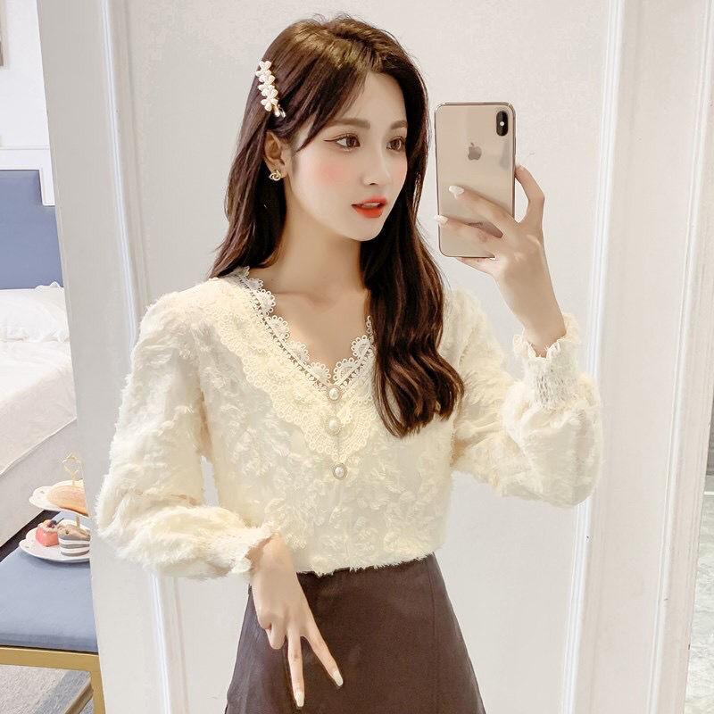 Elegant Sexy Button Lace Feather Solid T-shirt Spring Autumn Long Lantern Sleeve V-Neck Slim Pullover Tops Women's Clothing