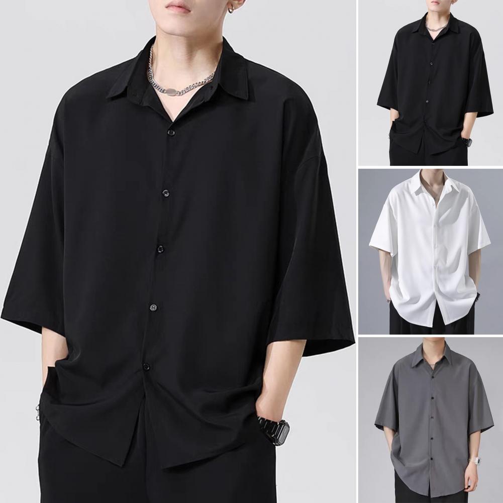 Men Spring Top Men's Casual Loose Fit Ice Silk Shirt with Turn-down Collar Half Sleeves Stylish Button-up Top for School Dating