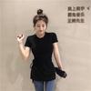 Hong Kong style retro summer round neck short sleeve careful machine waist drawstring irregular split T-shirt women's top