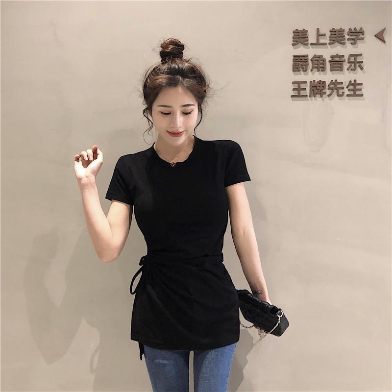 Hong Kong style retro summer round neck short sleeve careful machine waist drawstring irregular split T-shirt women's top