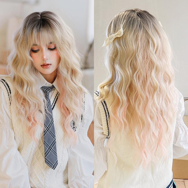 Профессиональные парики Длинный волнистый розовый парик Сакуры для милых девочек Синтетический парик высокой плотности с вьющимися волосами и челкой Подходит для начинающих