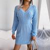 Women Autumn Winter High Waist Twist Wrap V Neck Long Sleeve Solid Color Hip Sweater Dress S-L