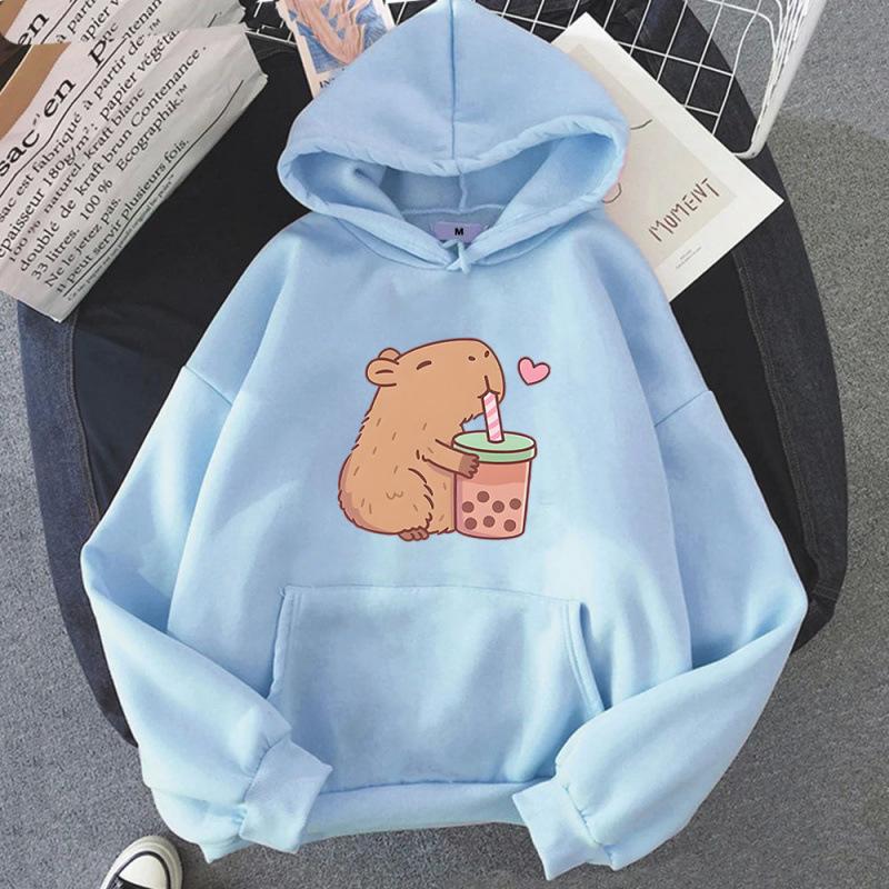 Ladies Spring Autumn Casual Hooded Long Sleeve Big Pocket Capybara Printed Pullover Hoodies Sweatshirt Top