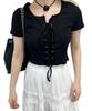 WEGO PHILLY Short Sleeve Compact Size Black T-Shirt, Lace-Up Top, Girly, Casual, Spring/Summer Clothes, Women's, F,
