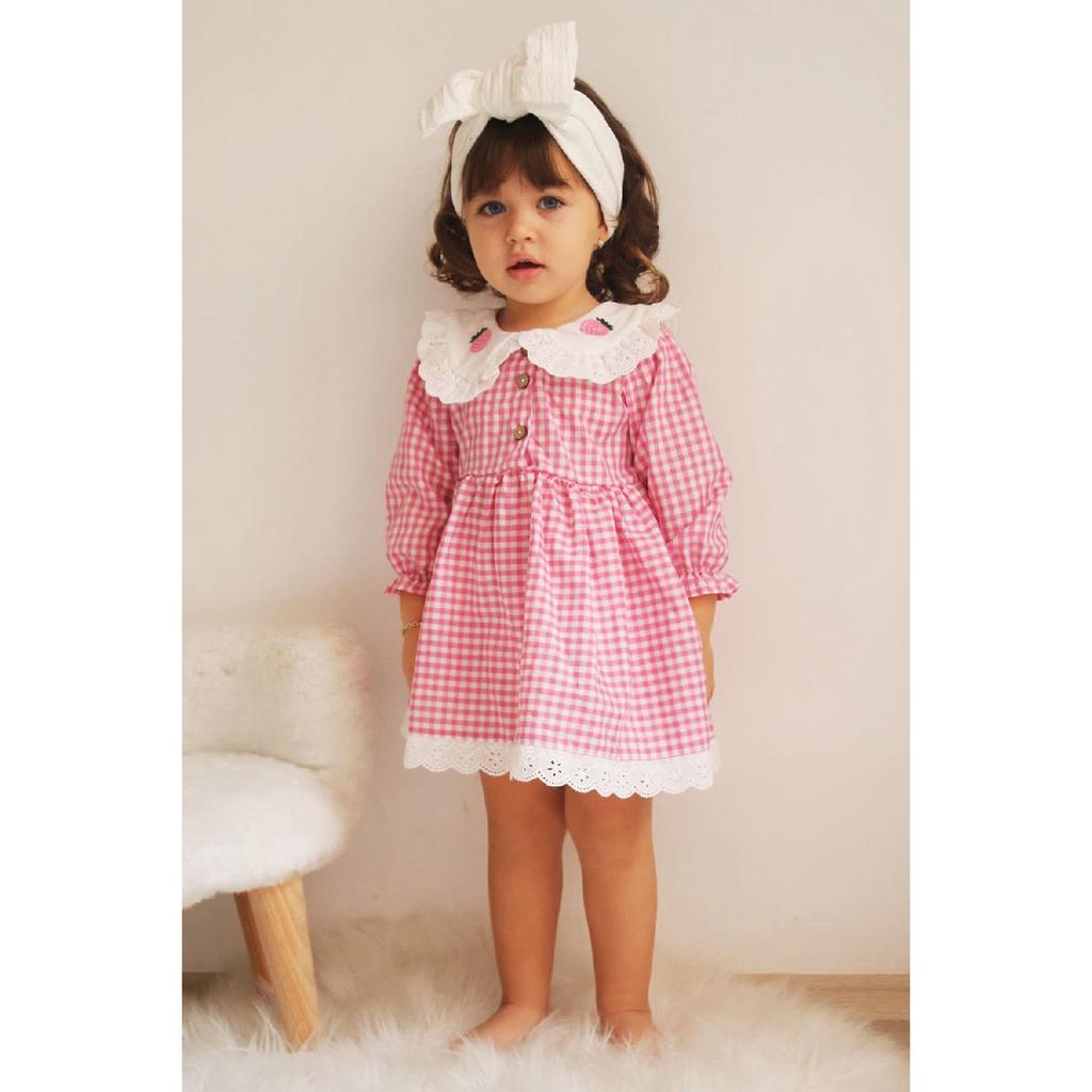Baby Girl Red White Gingham Cherry Embroidered Ruffle Collar Dress
