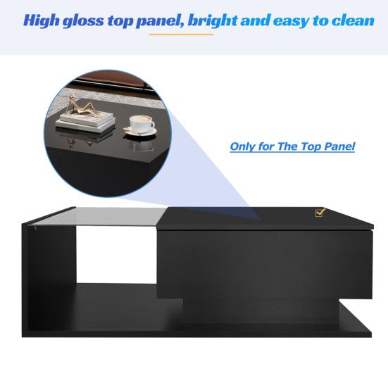 High-Gloss Black Coffee Table 100x50x32cm, with Glass Top And Drawers, Scratch-Resistant, with 1 Drawer, LED Light, Modern