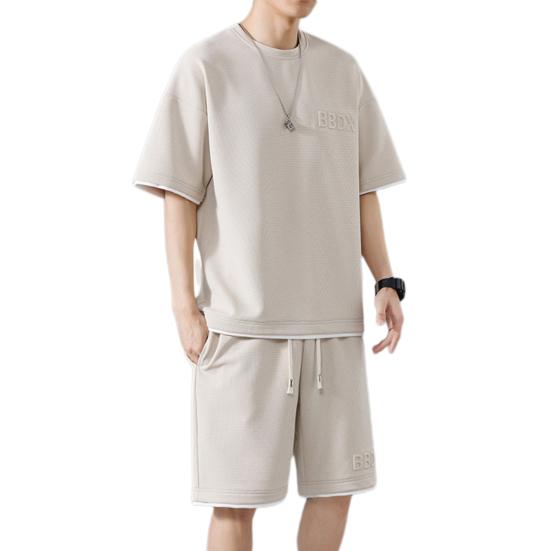 Мужской летний наряд из 2 шт./компл., футболка с коротким рукавом и круглым вырезом, эластичная талия, регулируемый шнурок, широкие шорты, комплект, поддельные