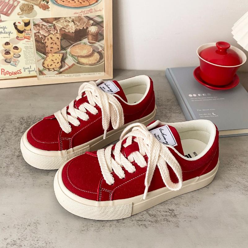 2024 Spring and Autumn Fashion Versatile Deep Mouth Lace Up Round Toe Increased Thick Sole Vulcanized Women's Shoes