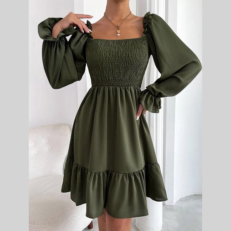 Женское весенне-осеннее платье с рукавами-фонариками, квадратным воротником и оборками, однотонное вечернее платье
