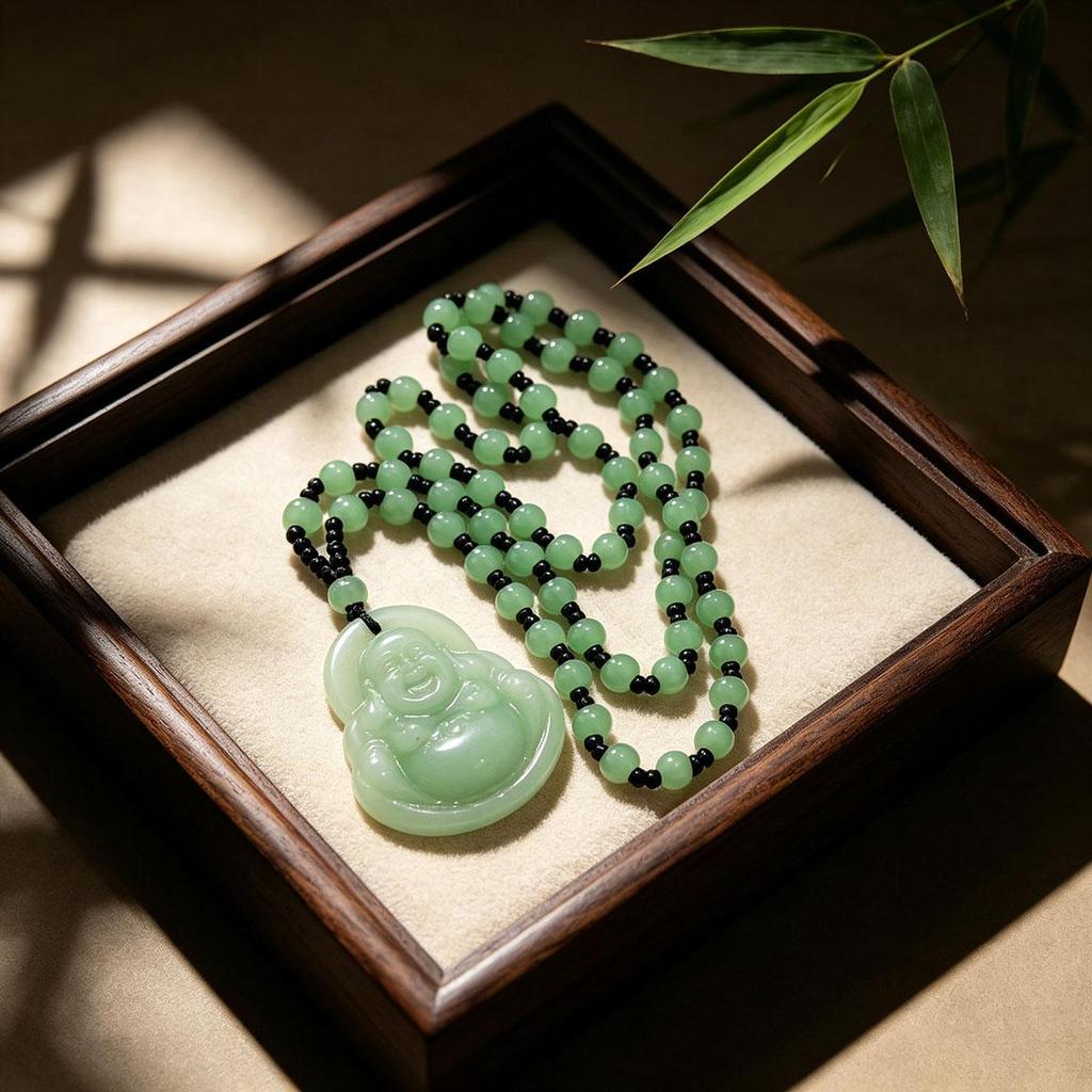 Daily women's light green laughing Buddha pendant with beads necklace Maitreya Buddha Buddha amulet men and women couple versatile accessory