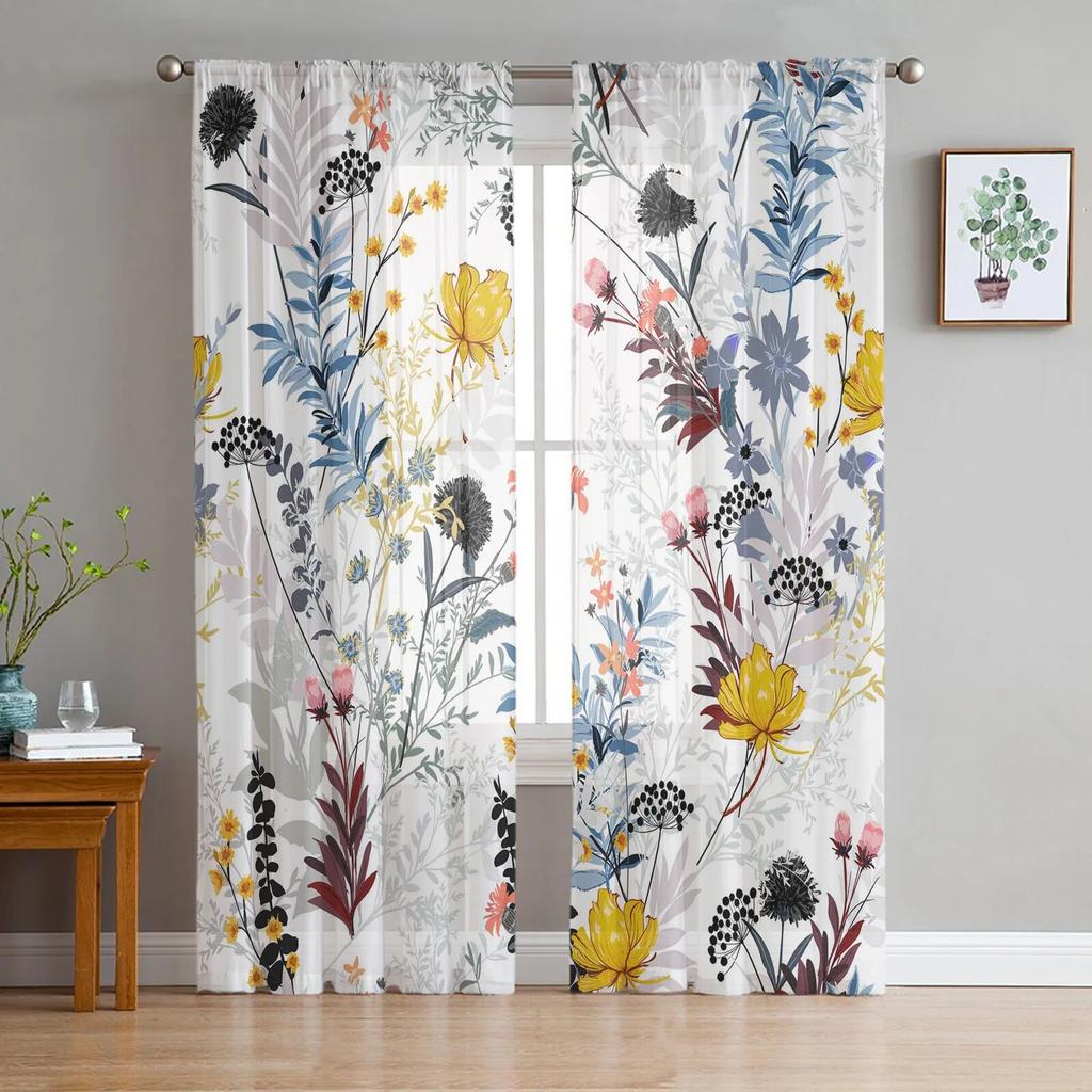 Flower Plant Dandelion Leaves Chiffon Tulle Curtains for Living Room Kitchen Bedroom Sheer Voile Yarn Window Treatment