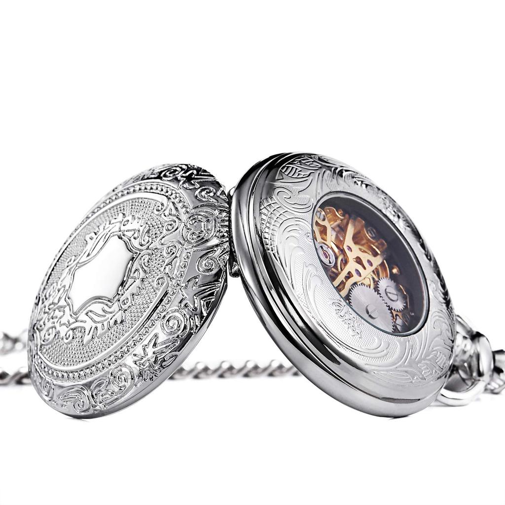 TREEWETO Механические карманные часы с римскими цифрами и скелетоном, серебристая цепочка, ручной завод