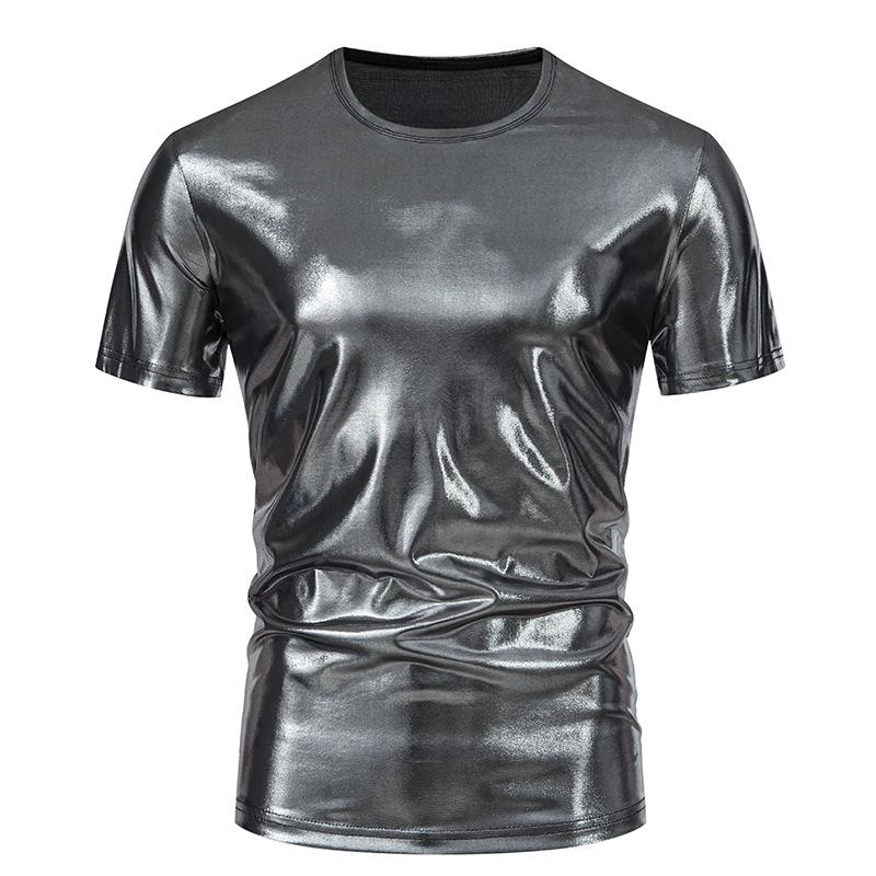 Мужская повседневная свободная футболка с круглым вырезом, коротким рукавом, однотонная, блестящая