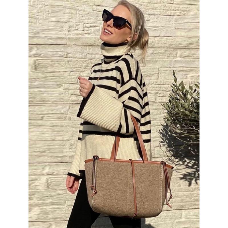 Черно-белый полосатый свитер Уличная одежда Женские топы Пуловер Женский джемпер с длинным рукавом Водолазка Трикотажные толстые джемперы в рубчик Свитера женская одежда