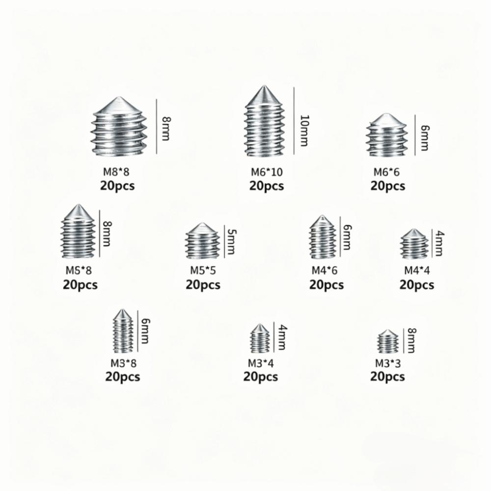 200PCS Silver Grub Screw Set Stainless Steel Inner Hex Screw Concave End Screw  Tight Joint Tool