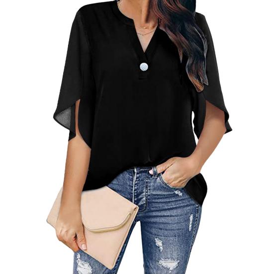 Yousheng Women Tops V-Neck Button Decor Half Sleeve Chiffon Blouse Solid Color Loose Fit Breathable Shirt Tops Daily Wear