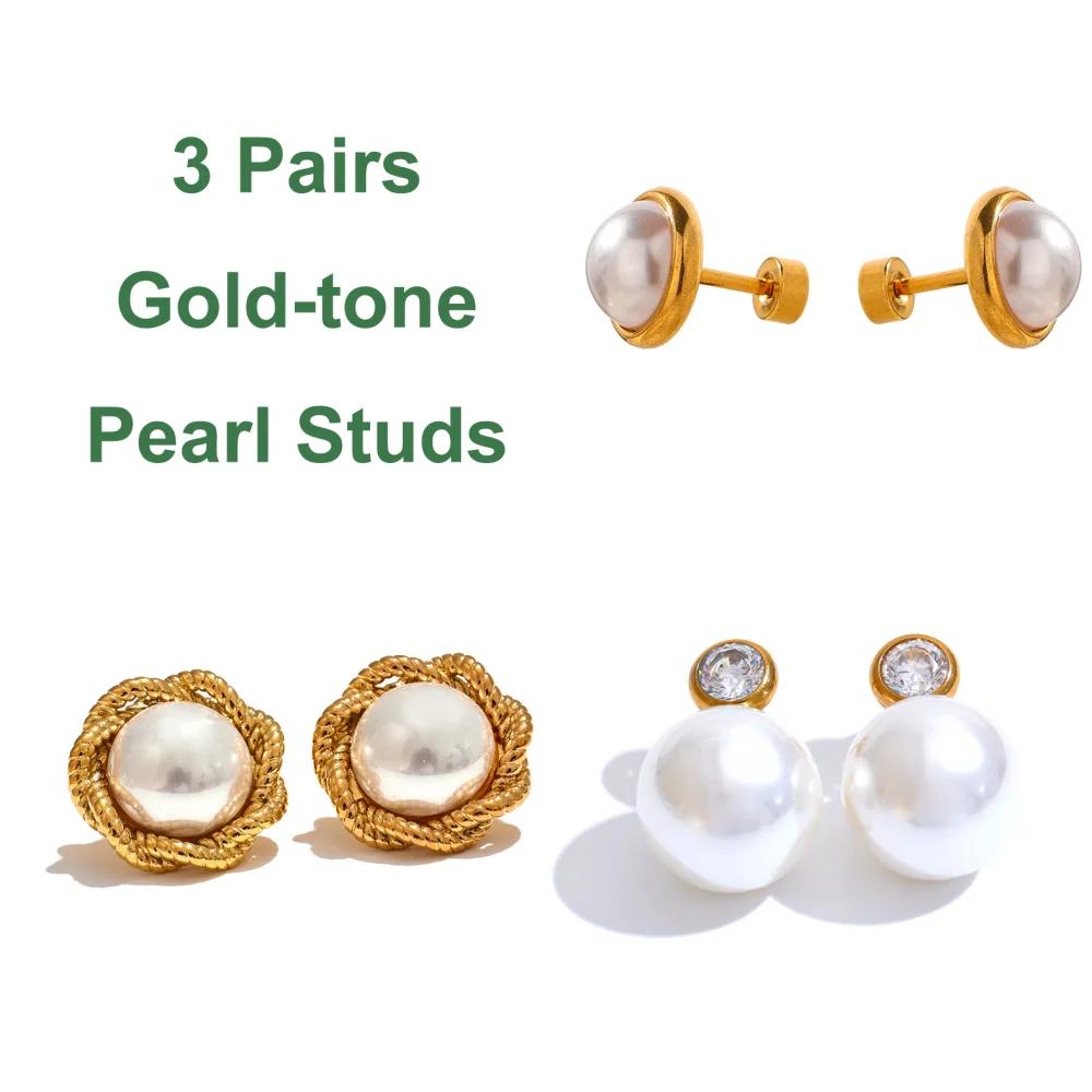 Retro Bezeled Imitation Pearls Screw-Back Dome Stud Earrings Stainless Steel Trendy Simple Charm Jewelry for Women Gift