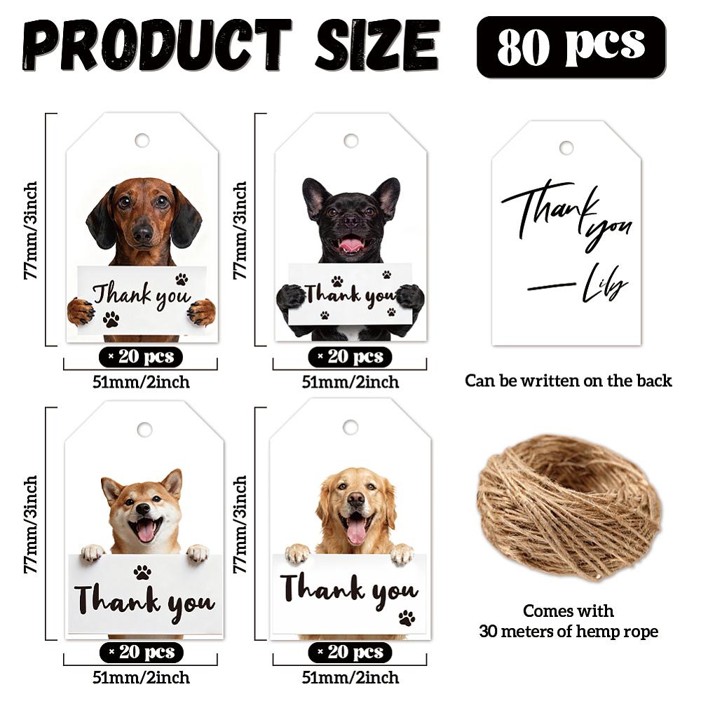 1set 80pcs 4 styles Printed Paper Thank You Gift Tags Rectangle Dog 7.7x5.1cm Hole: 5mm 20pcs/style