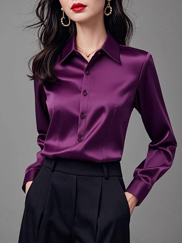 Womens Satin Purple Business Shirt With Long Sleeves For Office And Workwear