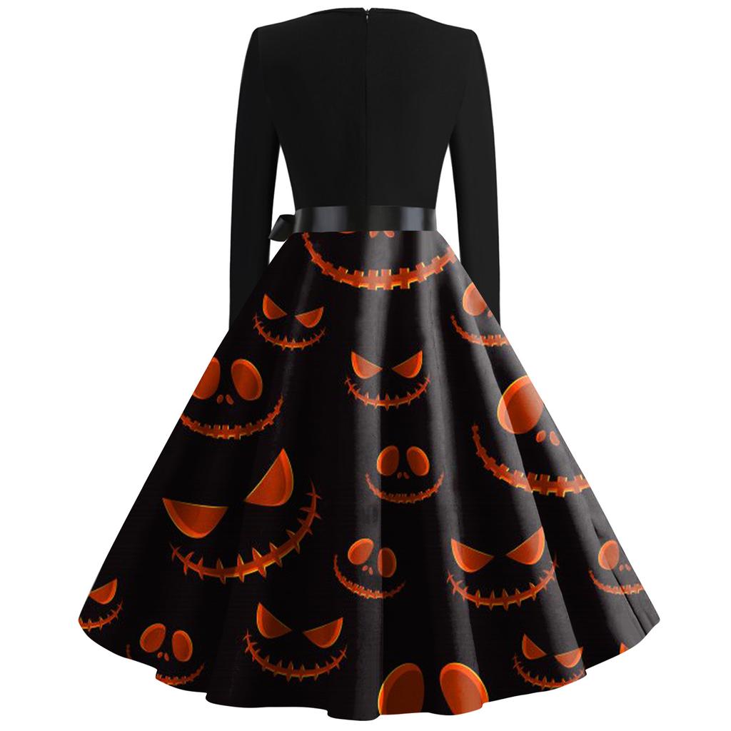 Женское расклешенное платье с принтом на Хэллоуин для женщин, платье с длинным рукавом, вечерние повседневные платья