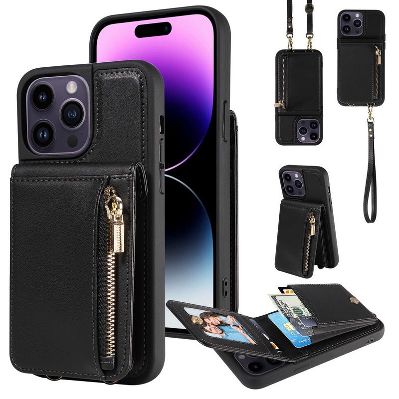 Кожаный кошелек-чехол на ремешке через плечо для iPhone 15, 14, 13, 12, 11 Pro Max с молнией и карманом для карт