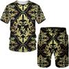 Luxury Gold Flower Print Men's T-shirt+shorts Two-piece Summer Casual Round Neck Sportswear Loose Breathable Men's Wear