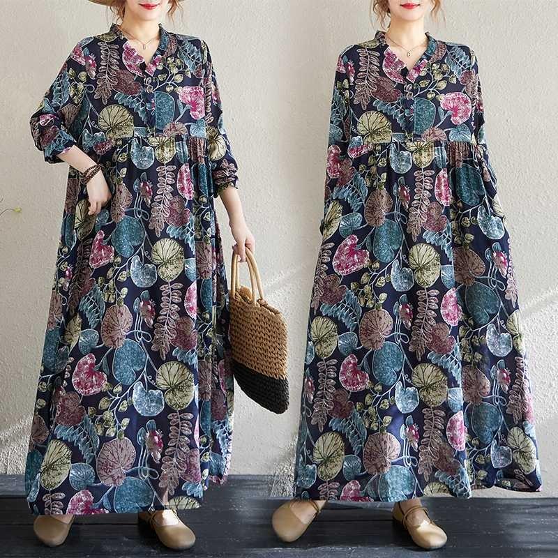 Настоящее весенне-летнее новое ретро-платье из хлопка и льна с принтом, свободное повседневное платье с воротником-грибком и длинными рукавами, с большими складками