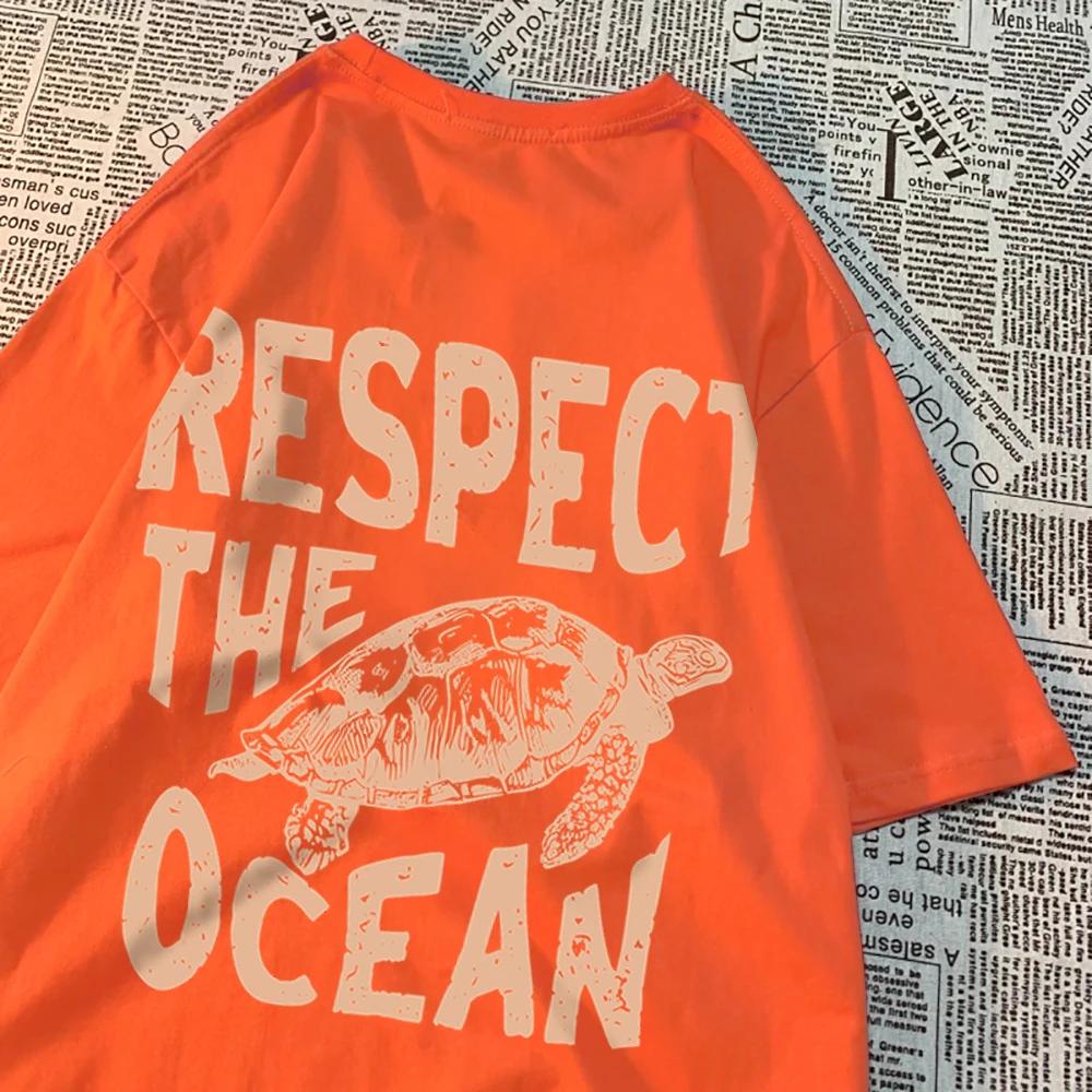 Футболка Respect The Ocean Green Turtle для мужчин, свободная одежда, дышащая футболка с коротким рукавом в стиле хип-хоп, летняя хлопковая футболка Harajuku