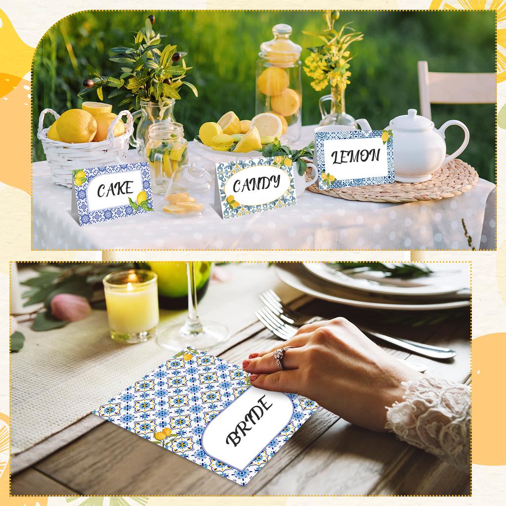 Capri Lemon Place Cards Blue Tile Table Name Labels Yellow Lemon Tent Cards Food Label For Wedding Bridal Shower Table Setting
