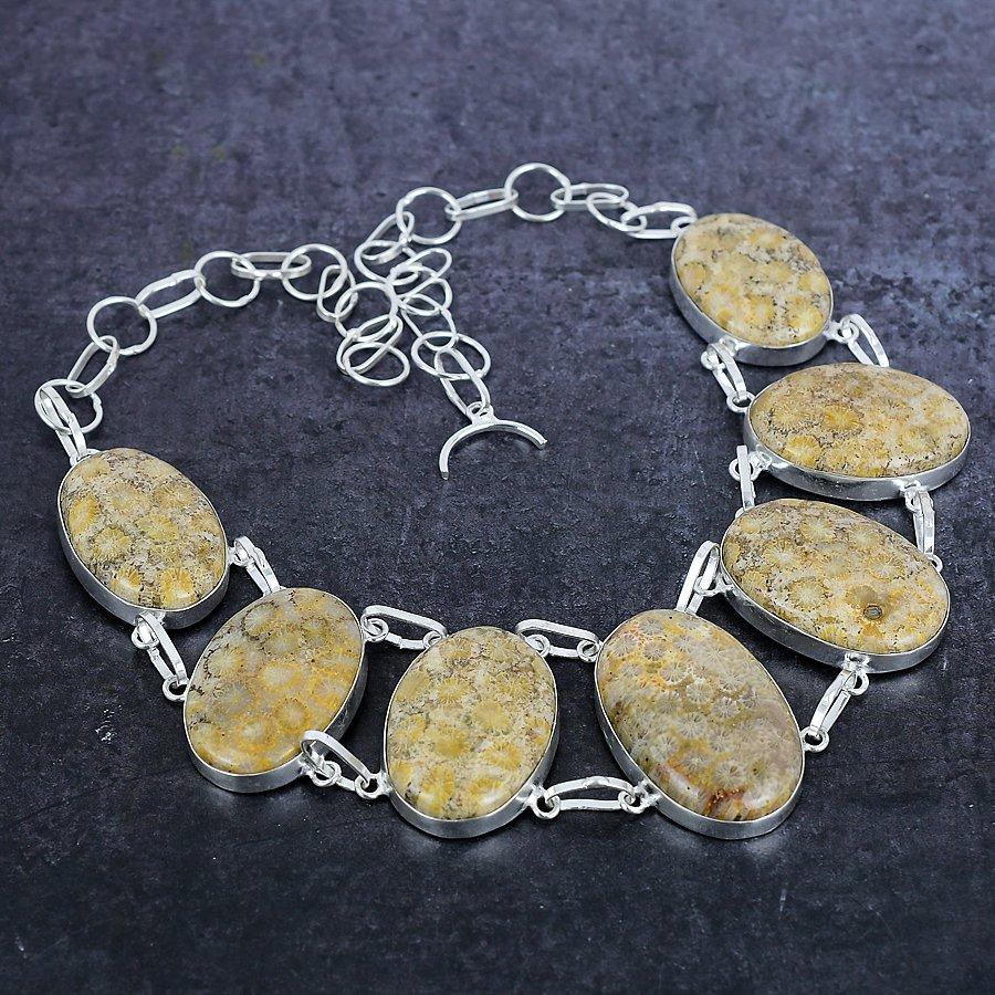 Ожерелье из серебра 925 пробы с драгоценными камнями из ископаемых кораллов, 18 дюймов, A8e66