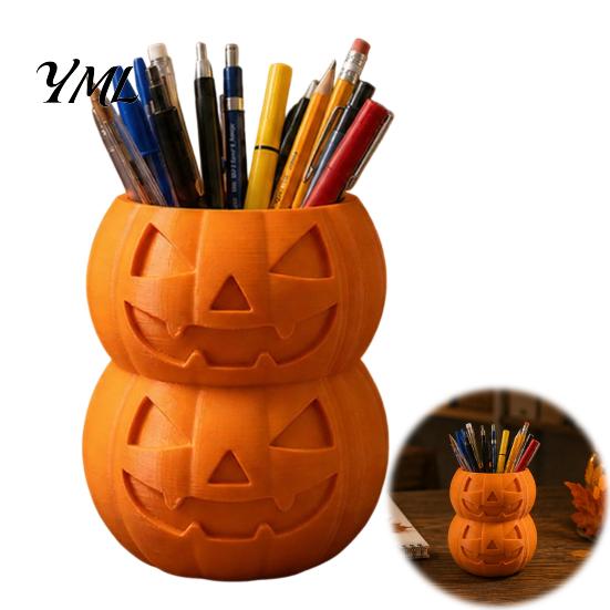 Unique Desk Organizer 3D Printed Double Pumpkin Pen Holder, Stacked Desktop Organizer, Stationery Halloween Storage Container for Pencils Markers And