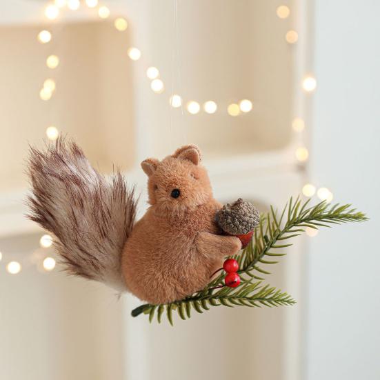 Christmas Squirrel Ornament Foam Plush Squirrel Figurine with Pinecones Branches Furry Forest Animal Hanging Decoration for Holiday Xmas Tree Home