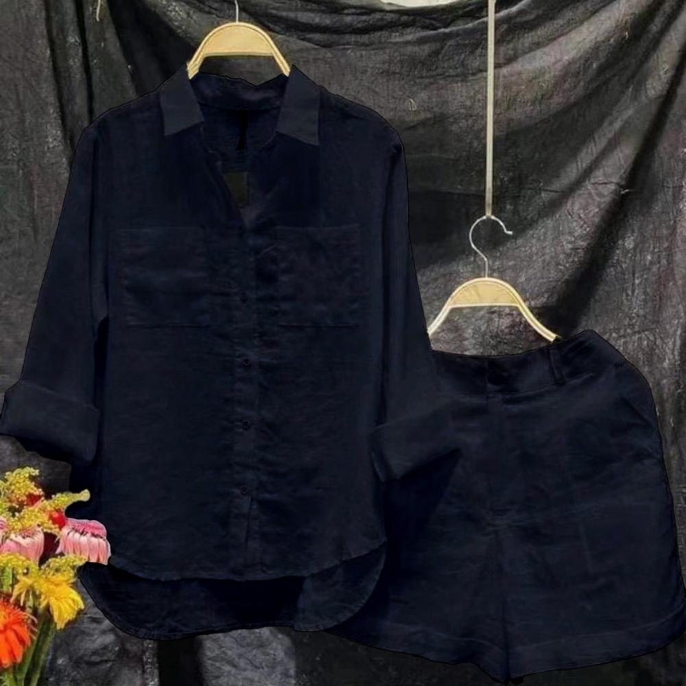 Рубашка с длинным рукавом и шорты, комплект из двух предметов, женский летний повседневный домашний комплект из 2 предметов из хлопка и льна для женщин