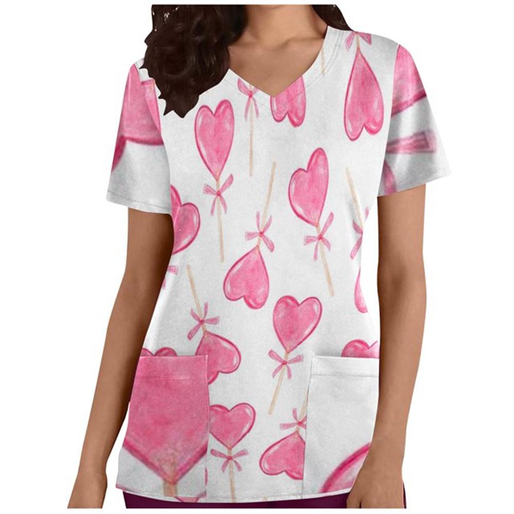 Летний топ с V-образным вырезом, женская рабочая униформа с принтом, рубашка с коротким рукавом, V-образный вырез, блузка, платье для медсестры, туника, униформа