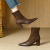 Retro Brown Ankle Boots Women Pointed  High Thick Heels,  Autumn Winter New Collection, Patchwork Elastic Slim Boots