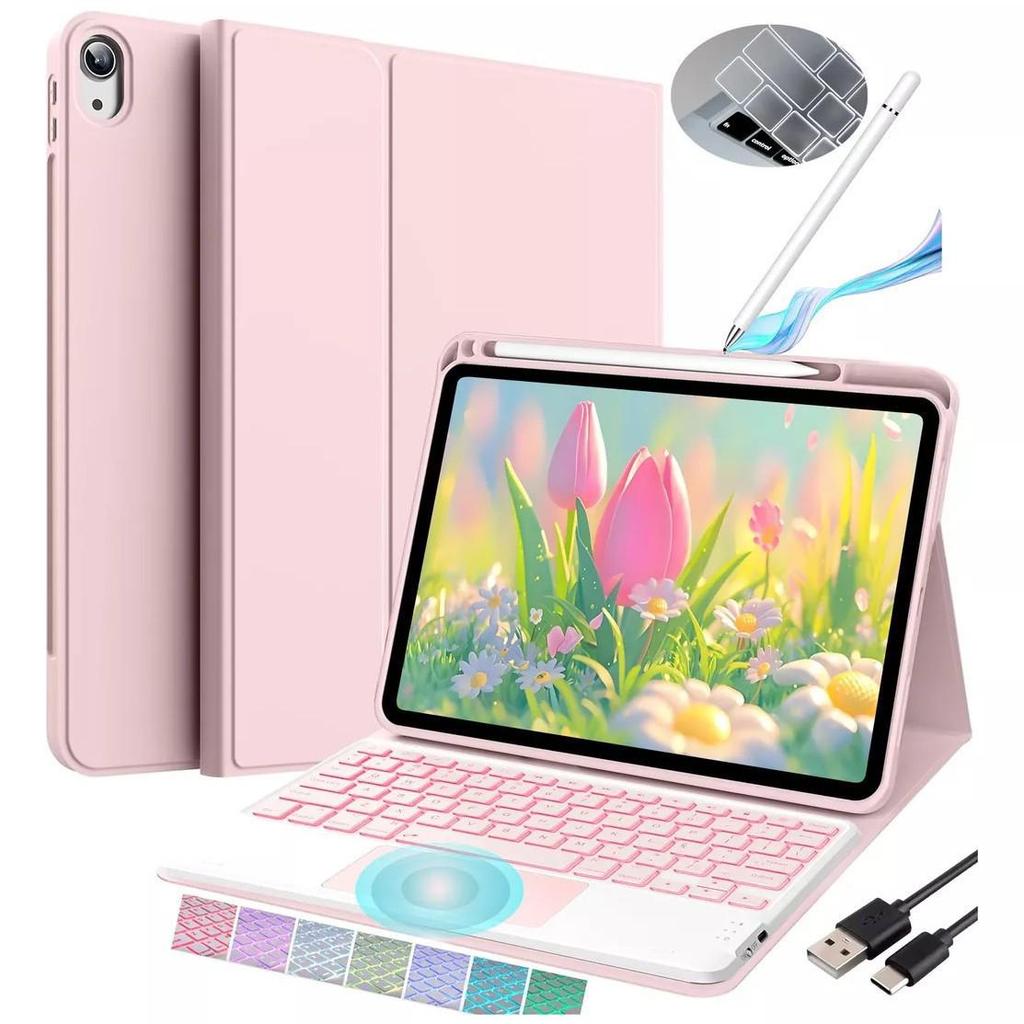 Совместимый чехол-клавиатура Bluetooth для iPad 11 2025 A16, 10-го поколения 10,9" с отсеком для стилуса и сенсорной панелью с подсветкой