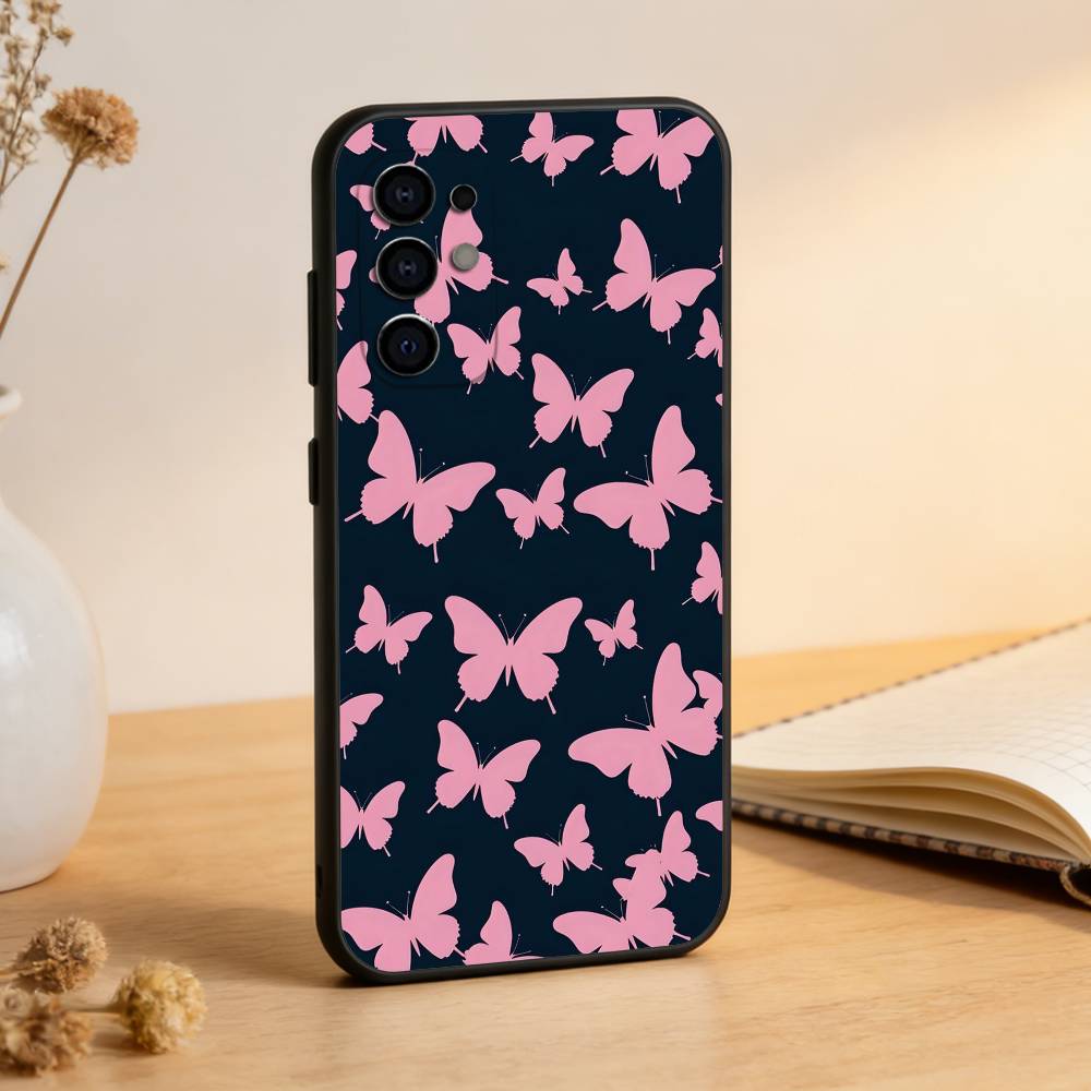 Pink Butterfly Pattern Phone Case Black Silicone Soft For Samsung S25,S24,S21,S22,S23,S30,Ultra,S20,Plus,Fe,Lite