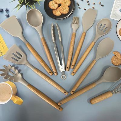 Силиконовые кухонные принадлежности, набор кухонных принадлежностей, антипригарная посуда, лопатка, лопатка, венчики для яиц, деревянная ручка, кухонный набор инструментов для приготовления пищи