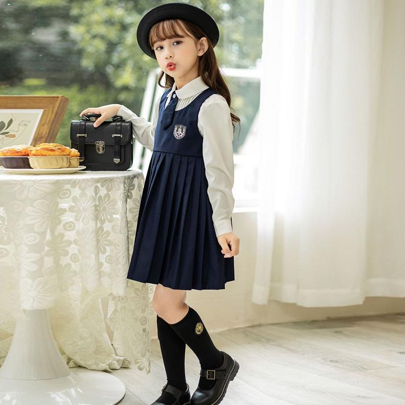 Весенне-осеннее детское платье в консервативном стиле, топ на бретелях, плиссированные платья + рубашка с длинными рукавами и вышивкой этикеток, официальная одежда для девочек, униформа